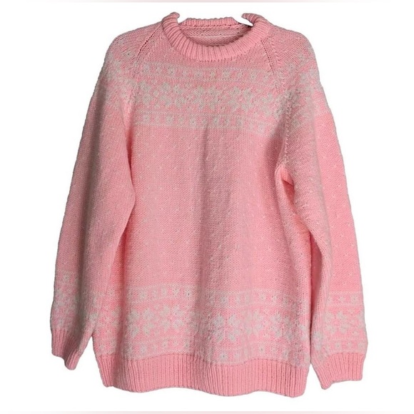 Handmade Sweaters - Vintage Handknit Barbie Pink White Fairisle Fall Winter Oversized Cozy Sweater